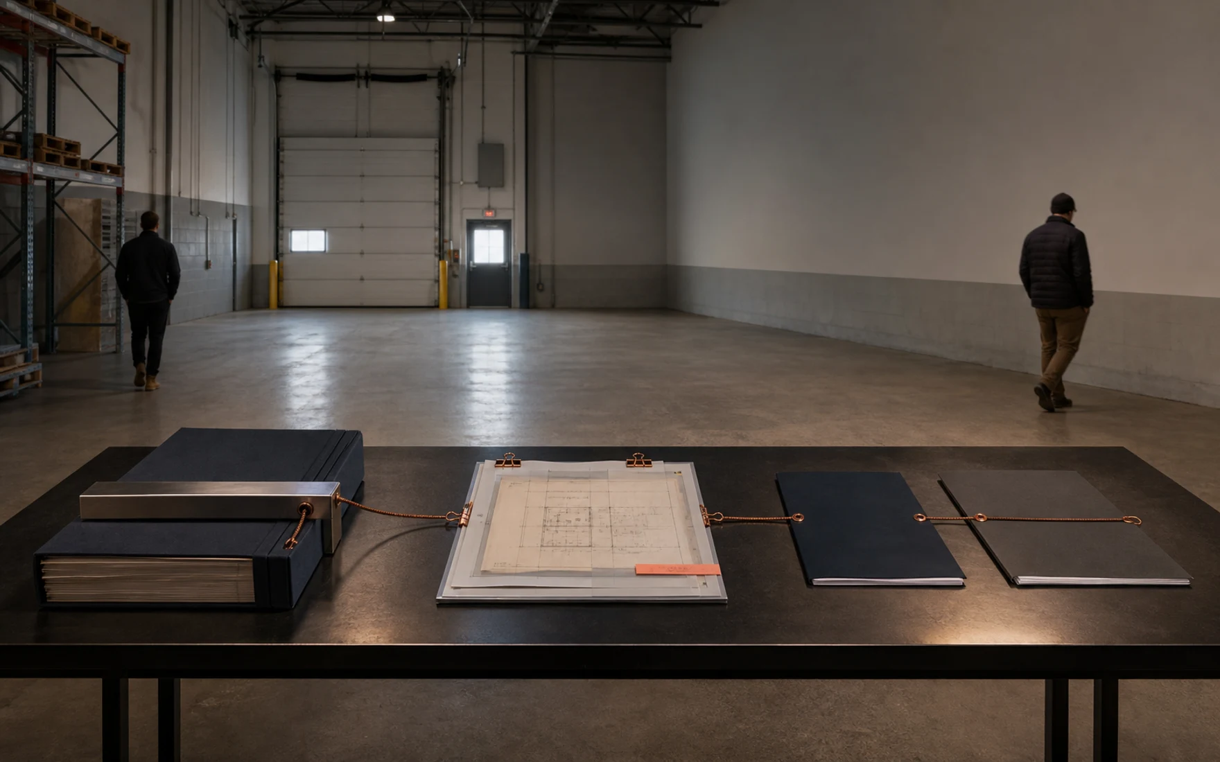 Industrial premises transfer table with an anchored head lease, consent package and two transfer folders connected by a physical copper evidence cord
