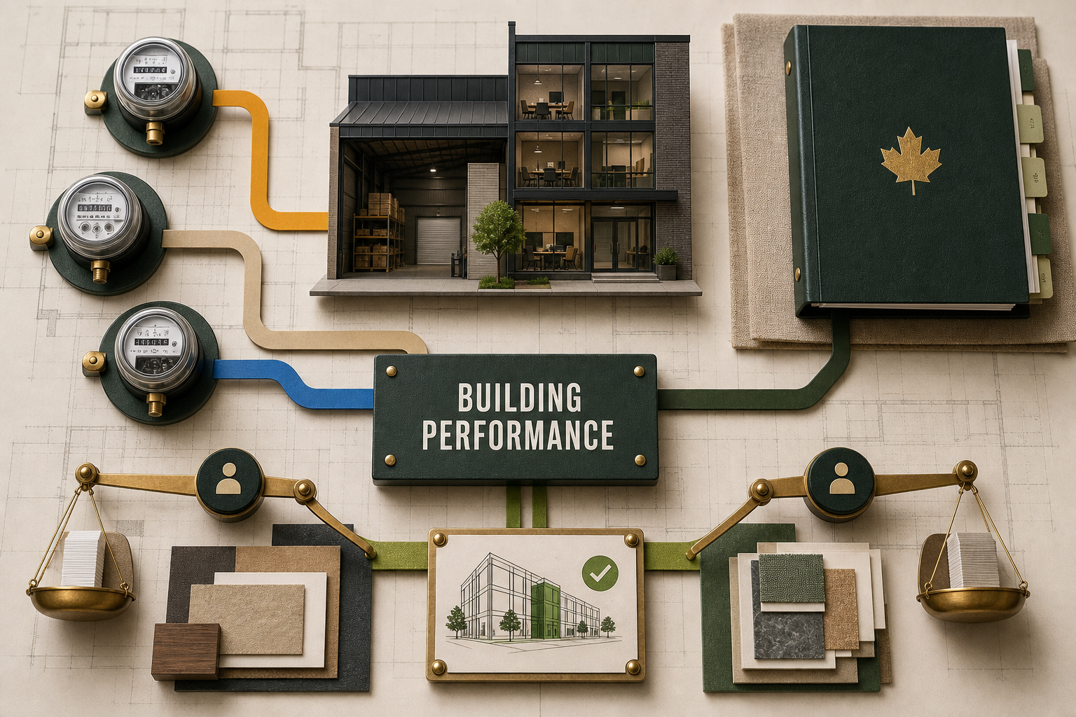 Architectural building performance desk connecting utility meters, lease controls and retrofit economics