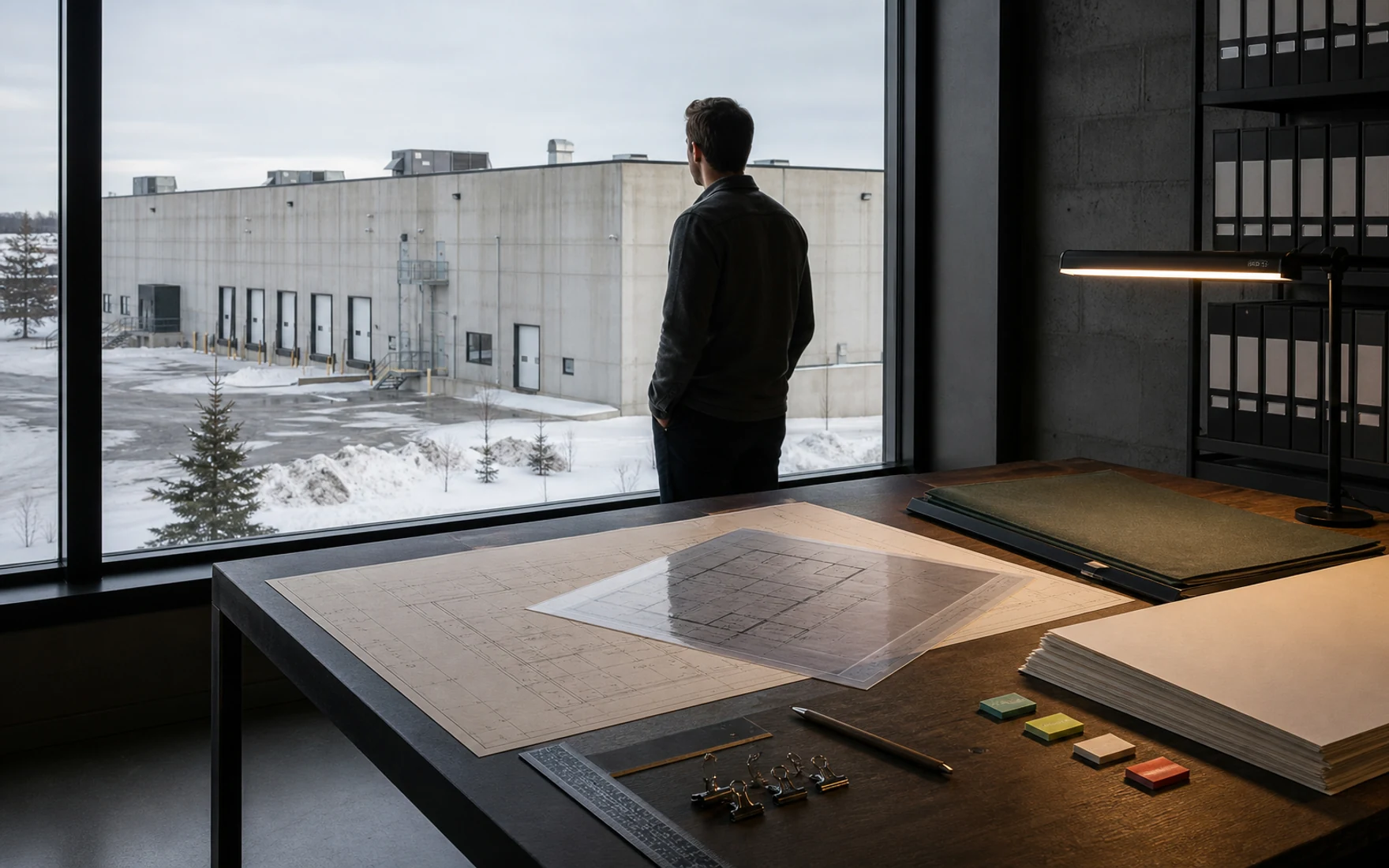 Calgary commercial property research table with parcel documents, planning sheets and an industrial building beyond