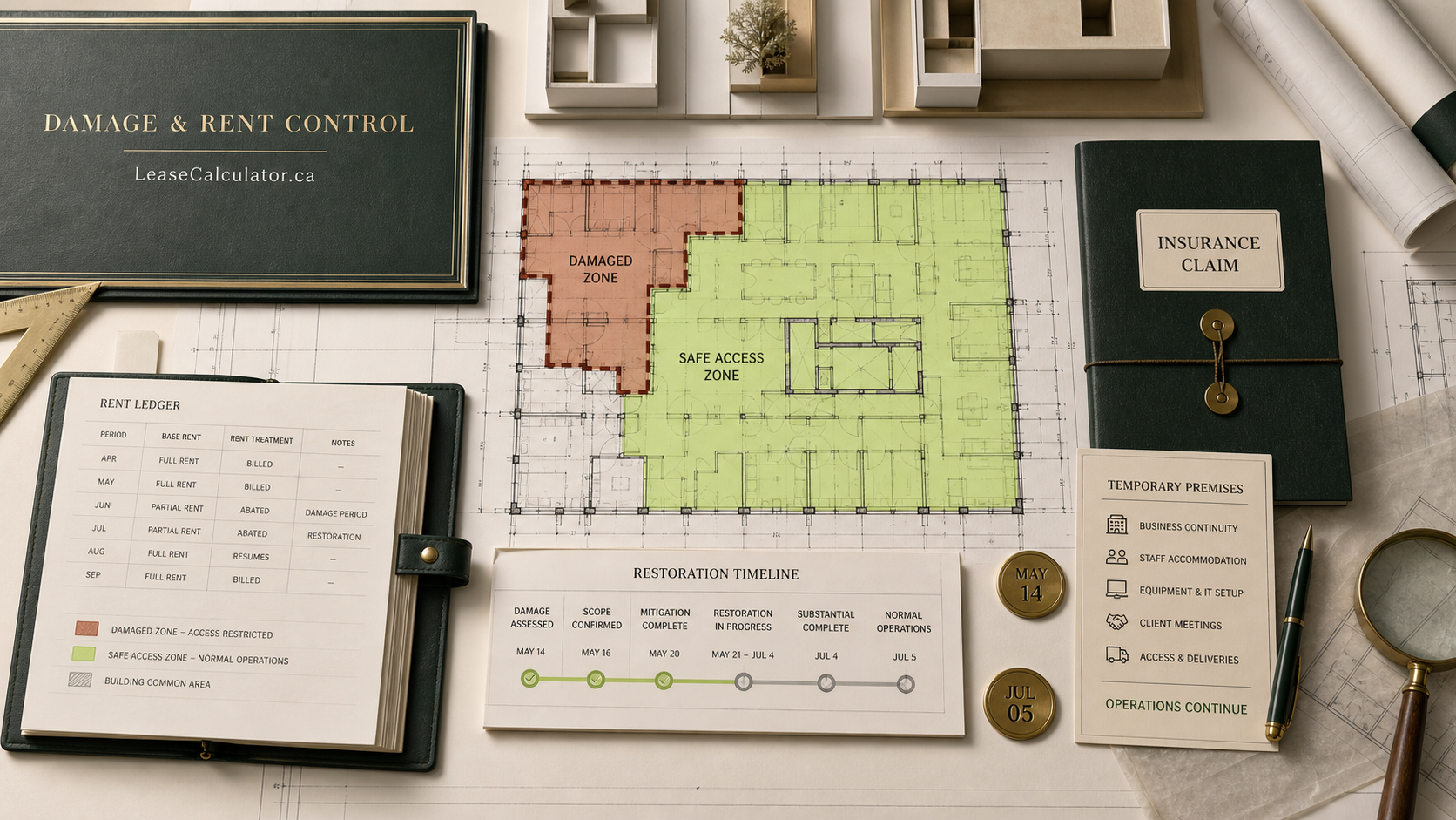 Commercial property damage-control desk with architectural plan, affected zone, safe-access zone, restoration timeline, rent ledger, insurance file and temporary-premises card