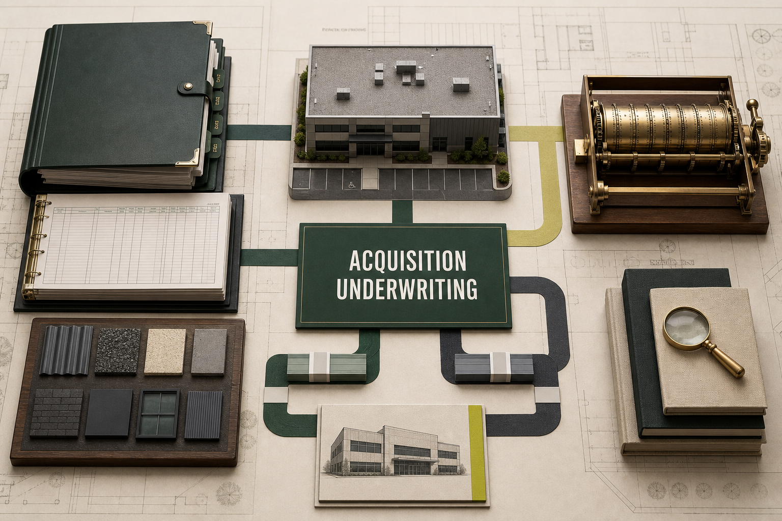 Commercial property acquisition model connecting leases, building capital, debt and investor returns