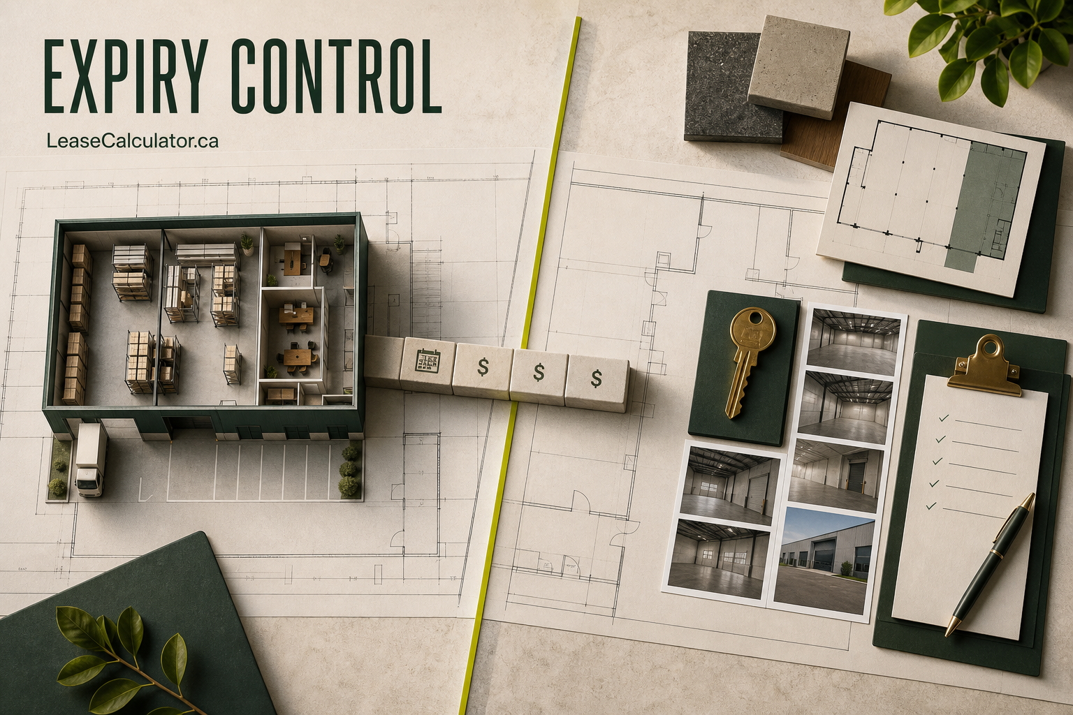 Top-down commercial lease expiry control desk with a boundary date, transition timeline, possession evidence and surrender checklist