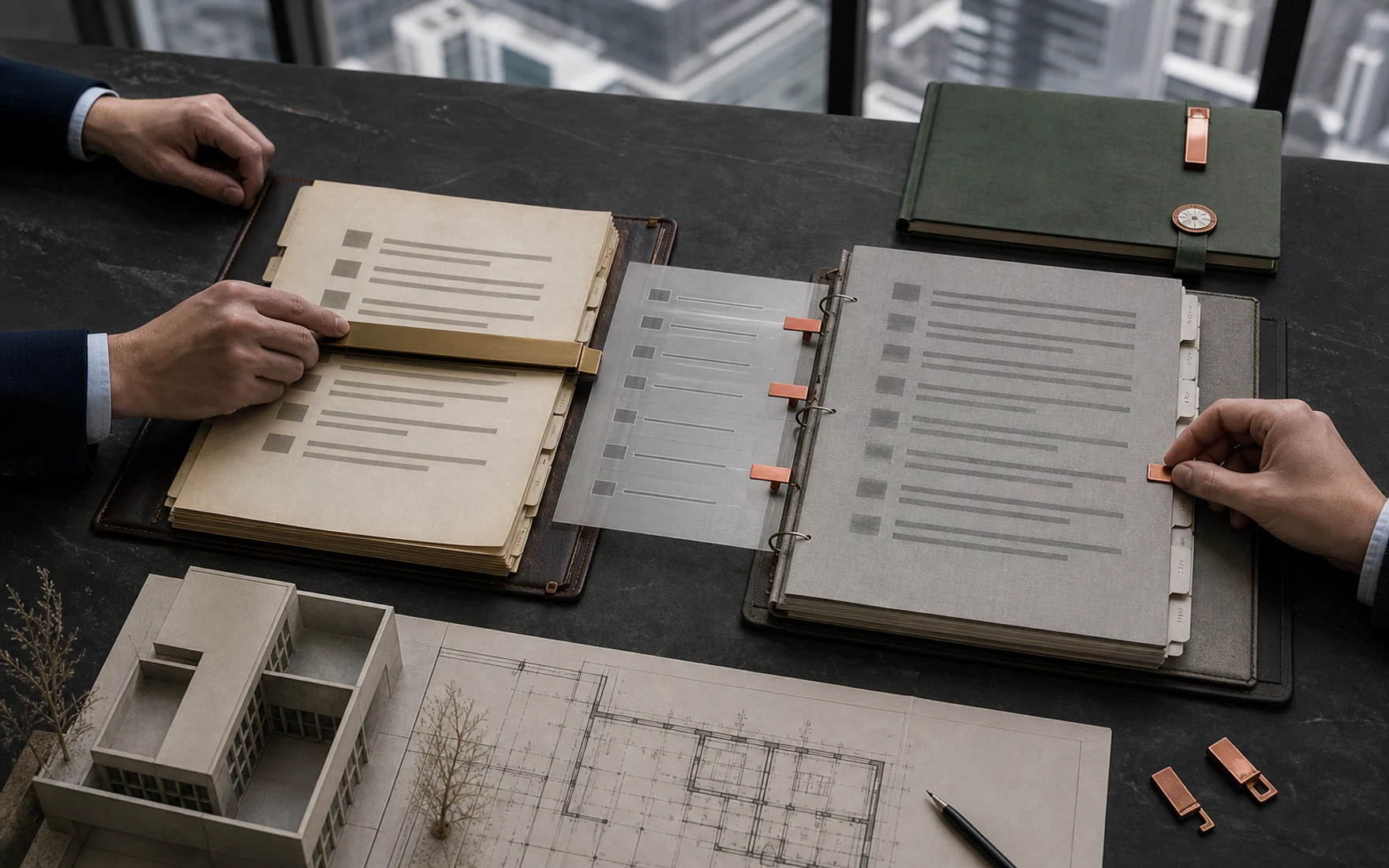 Commercial lease draft reconciliation desk with approved business terms, current lease draft, source markers and three visible deviations