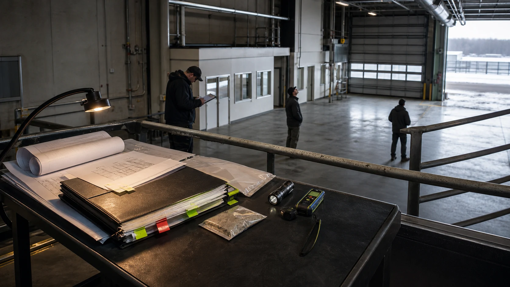 Commercial property due-diligence inspection with a controlled dossier, plans, field instruments and industrial premises
