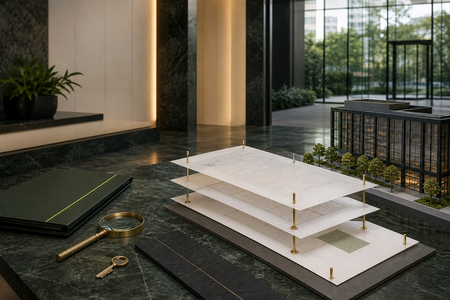 Commercial building model beside aligned lease-document layers prepared for verification