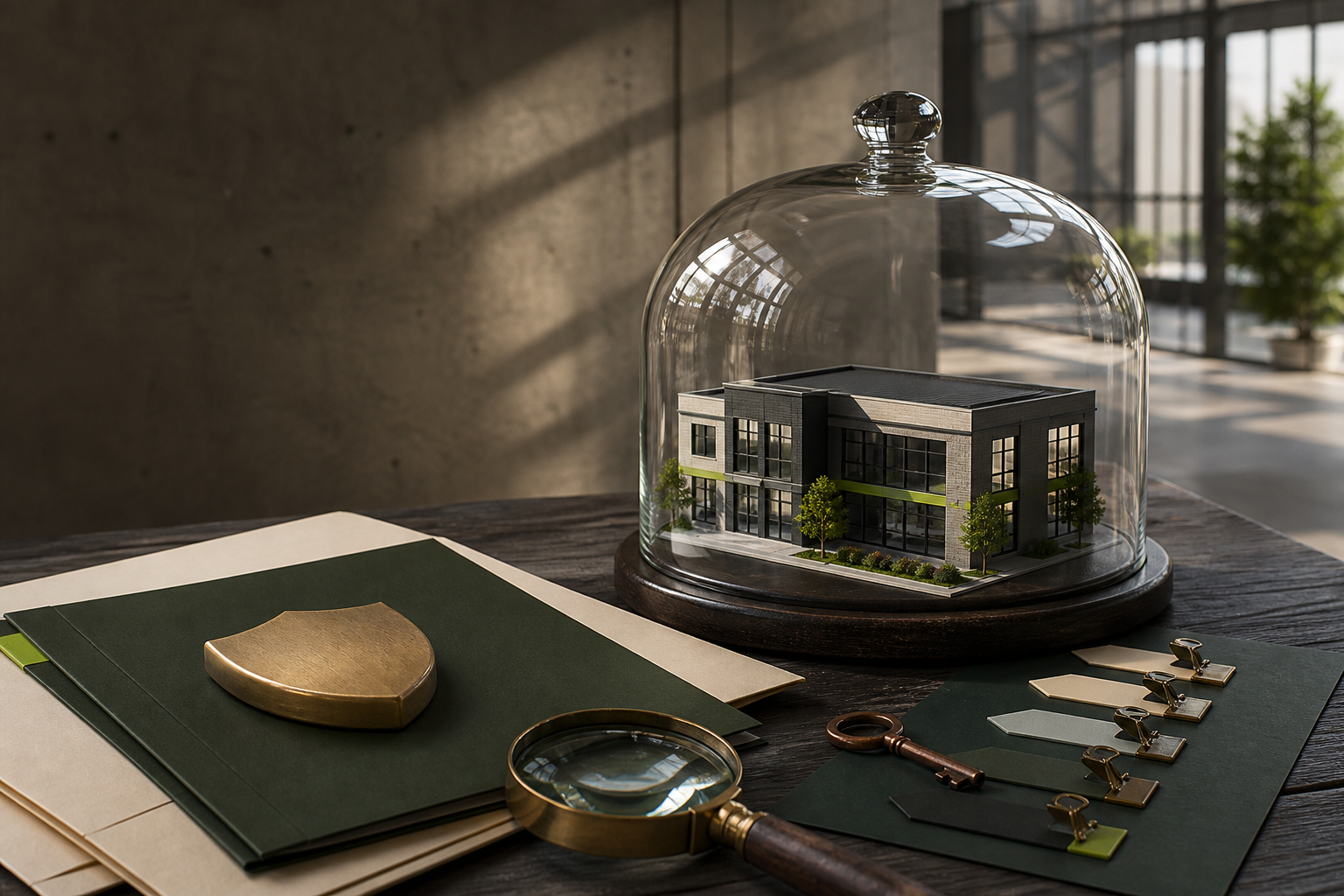 Commercial property model protected beneath glass beside controlled policy folders and insurance evidence tabs