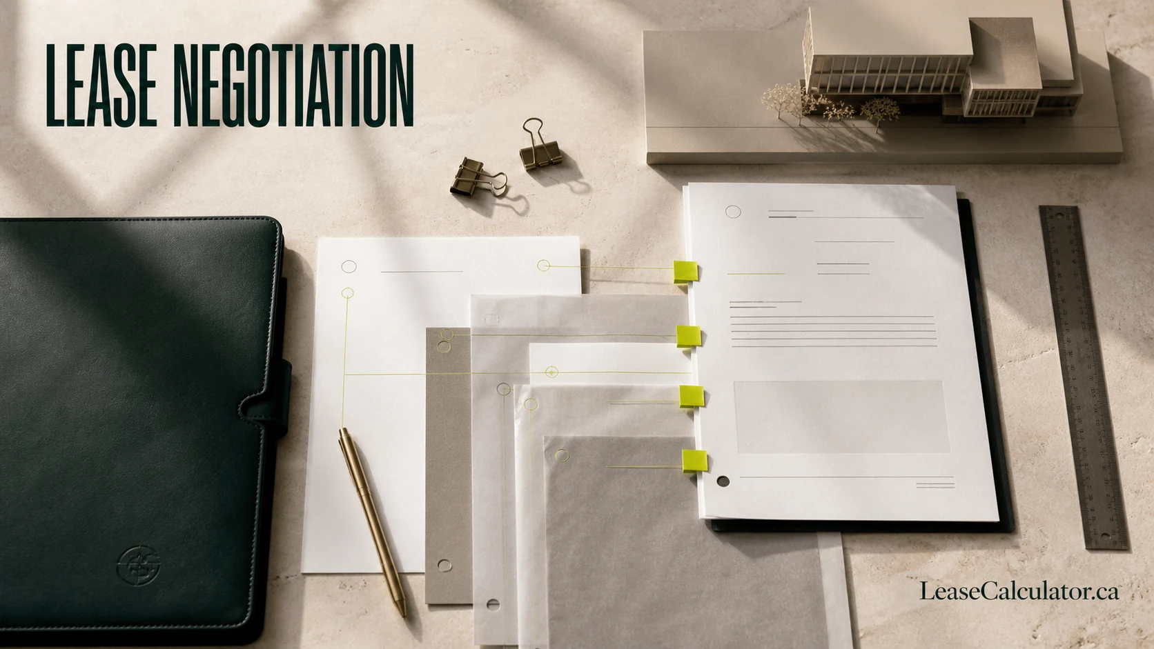 Top-down commercial lease negotiation control desk with layered term sheets, building model and chartreuse source-control markers