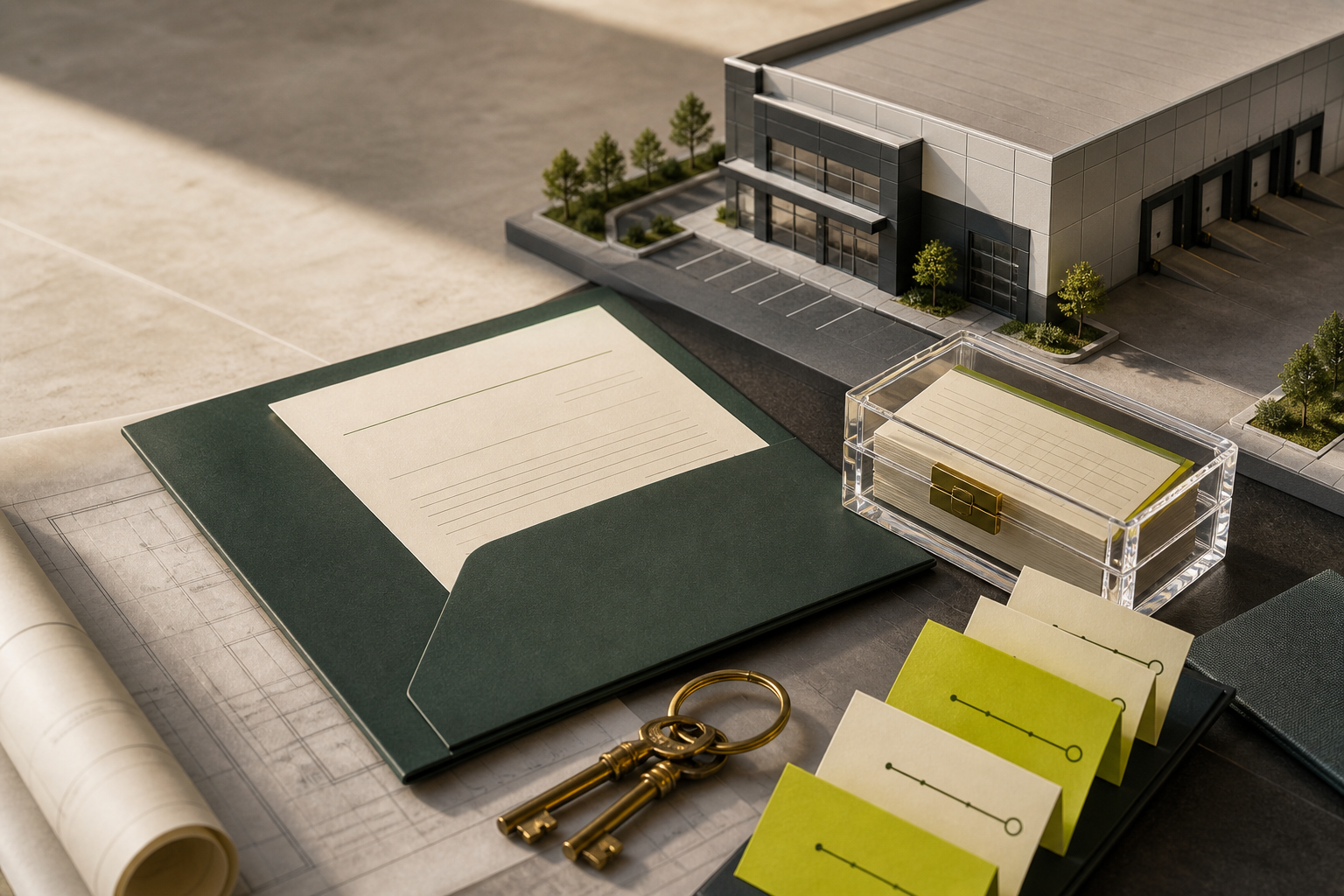 Commercial lease security planning desk with an industrial property model, lockbox, keys and staged reduction cards