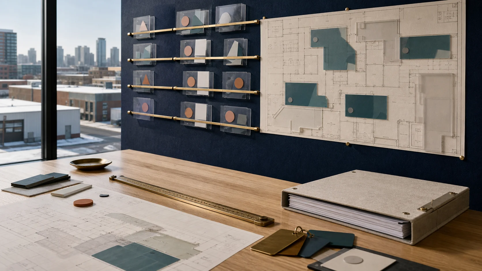Tactile commercial leasing pipeline wall with prospect cards, suite plan and completed lease blocks