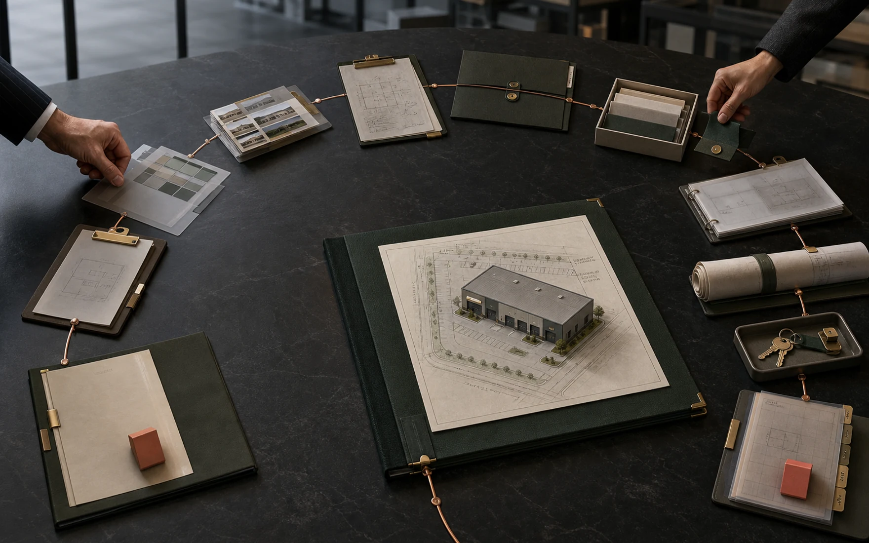 Architectural project control table linking ten commercial leasing stages to one central evidence file