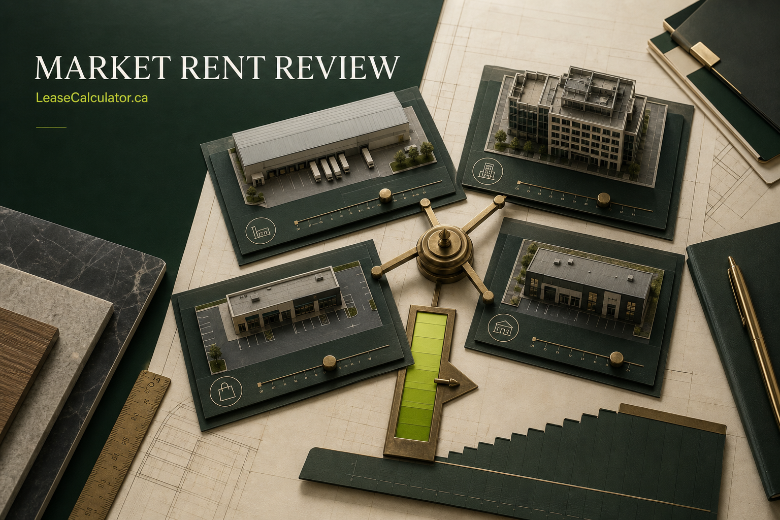 Commercial rent evidence desk with comparable property models, adjustment sliders and weighted rent range