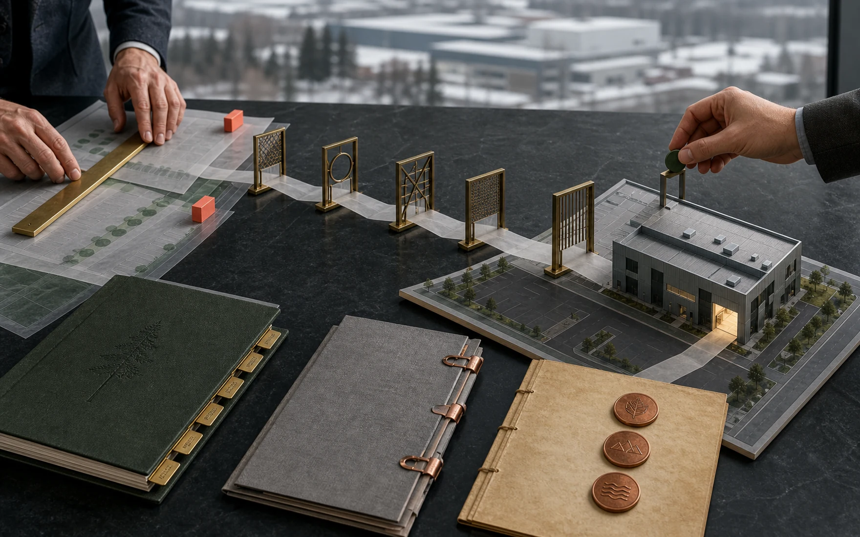 Architectural commercial property model connected through a physical sequence of approval gates to controlled authority, permit and incentive records