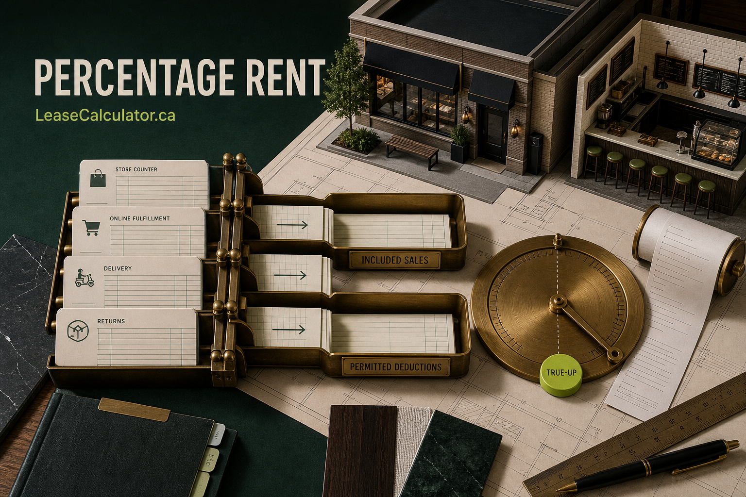 Retail sales reconciliation desk with store model, sales ledgers, breakpoint gauge and percentage-rent true-up