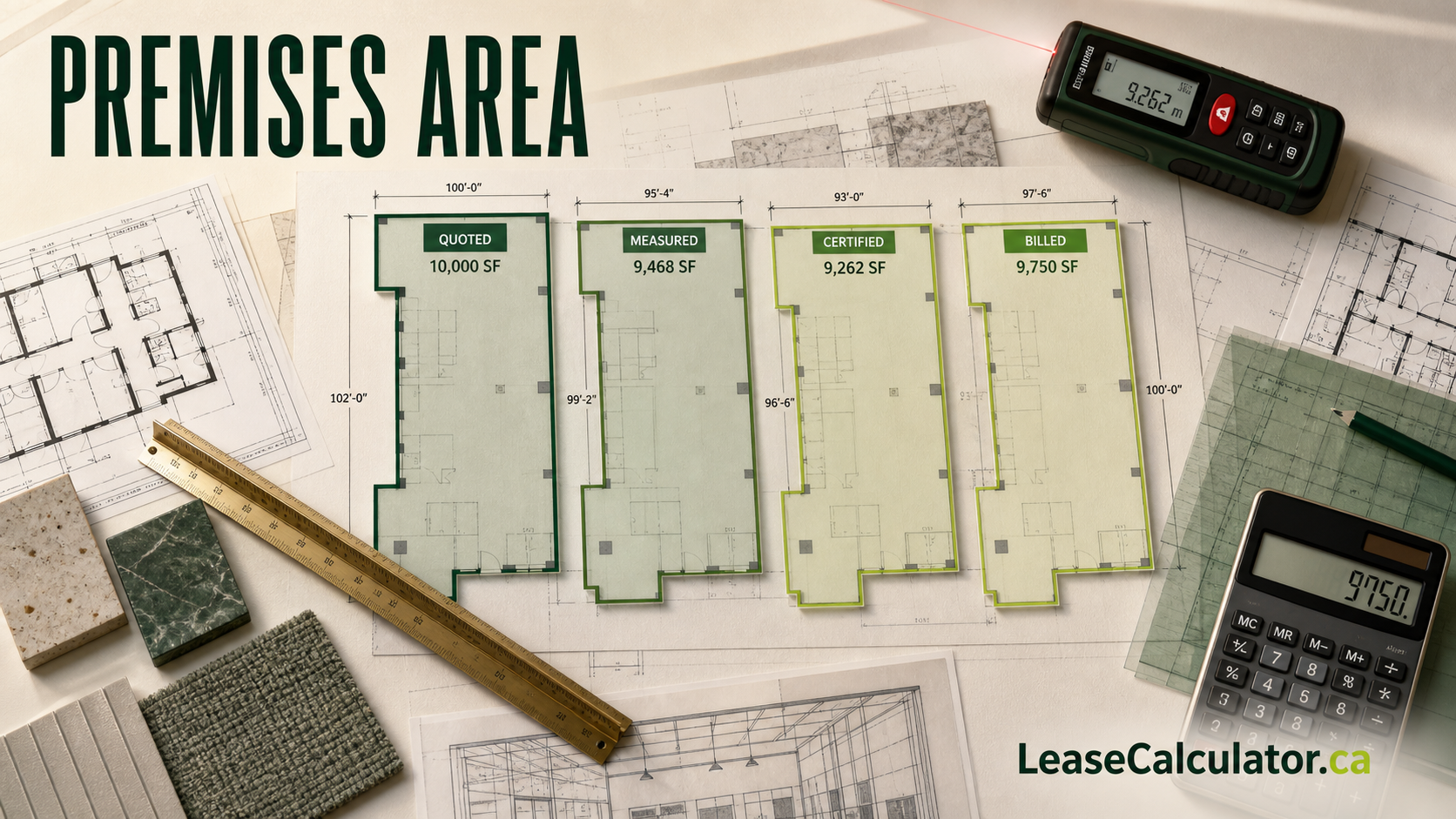 Architectural measurement desk comparing quoted, measured, certified and billed commercial premises areas