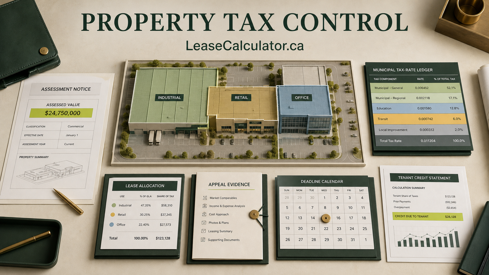 Commercial property tax control desk with industrial, retail and office models, assessment notice, rate ledger, lease allocation, appeal evidence and deadline calendar