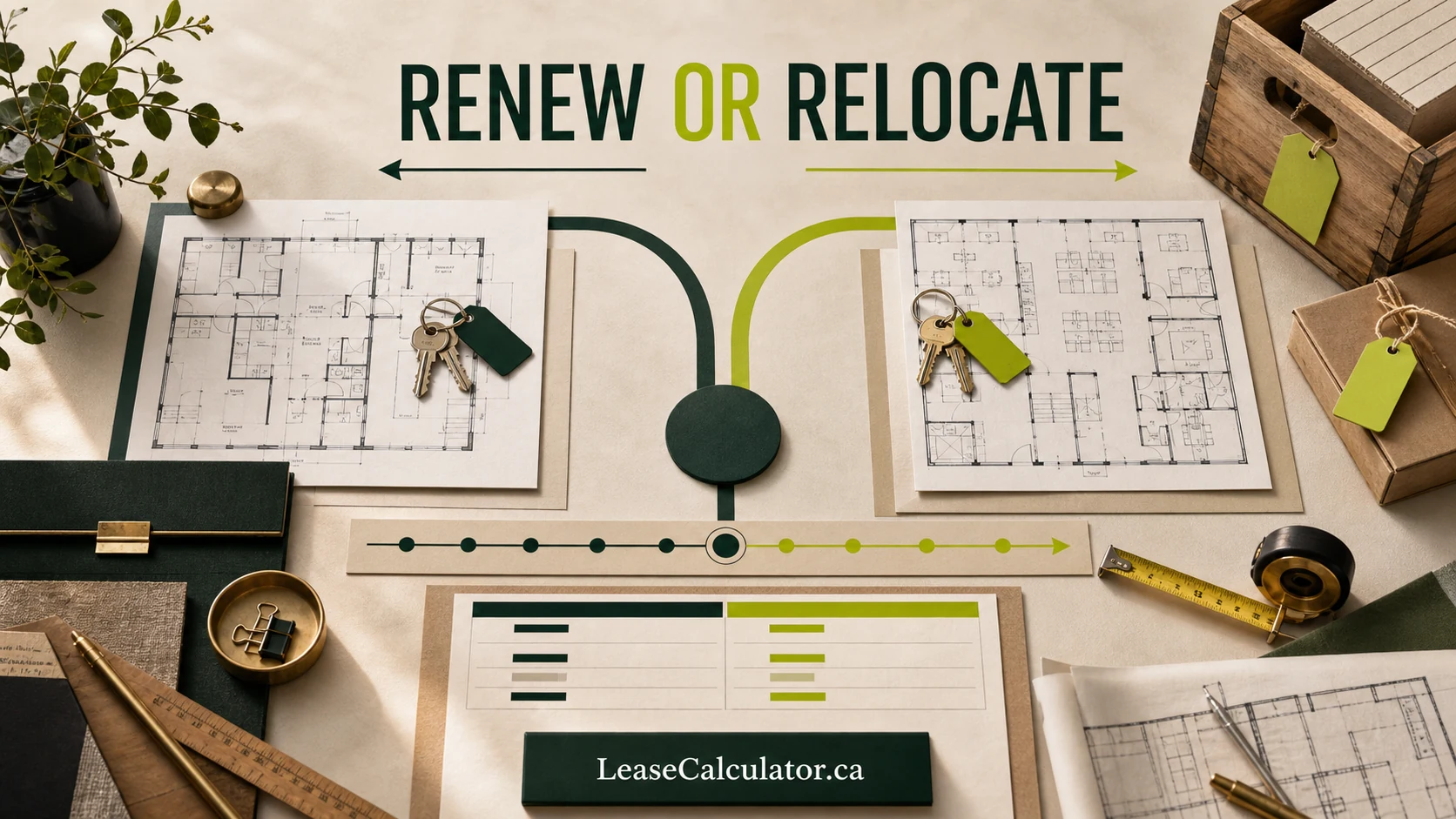 Commercial lease renewal or relocation decision desk with two floor plans, two key sets and a branching transition timeline