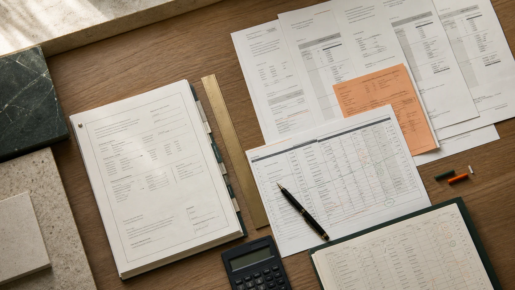 Top-down commercial rent audit desk with executed lease schedule, landlord invoice stack, credit note, calculator and orange variance markers