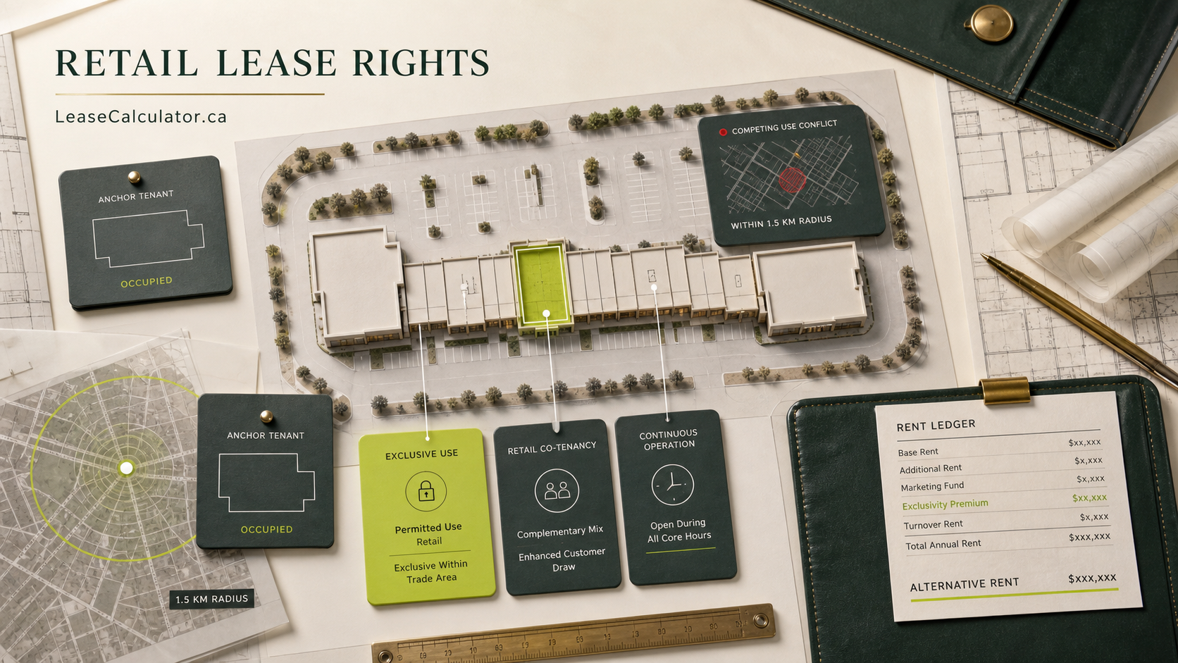 Top-down retail leasing decision desk with shopping-centre model, exclusivity zone, anchor cards, radius map, co-tenancy and alternative-rent ledger