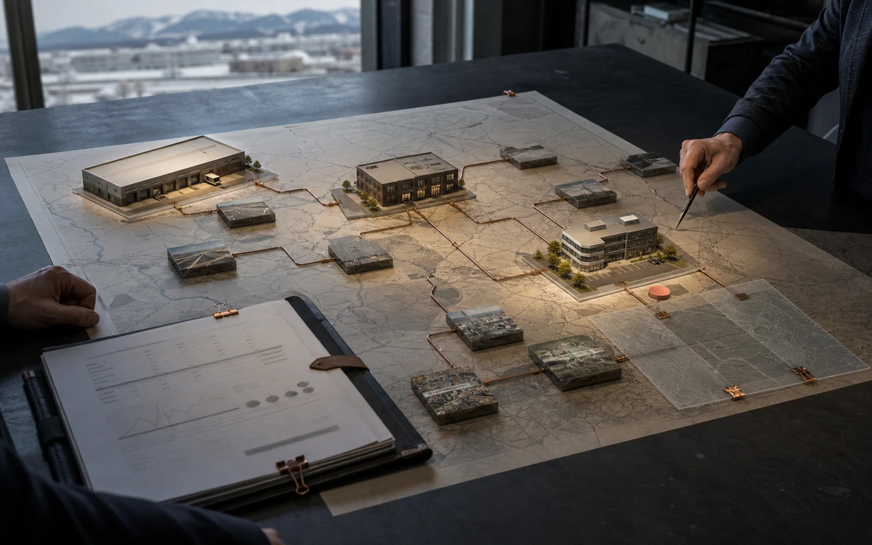 Canadian commercial site-selection table with three distinct property models connected to physical location evidence across a regional survey map