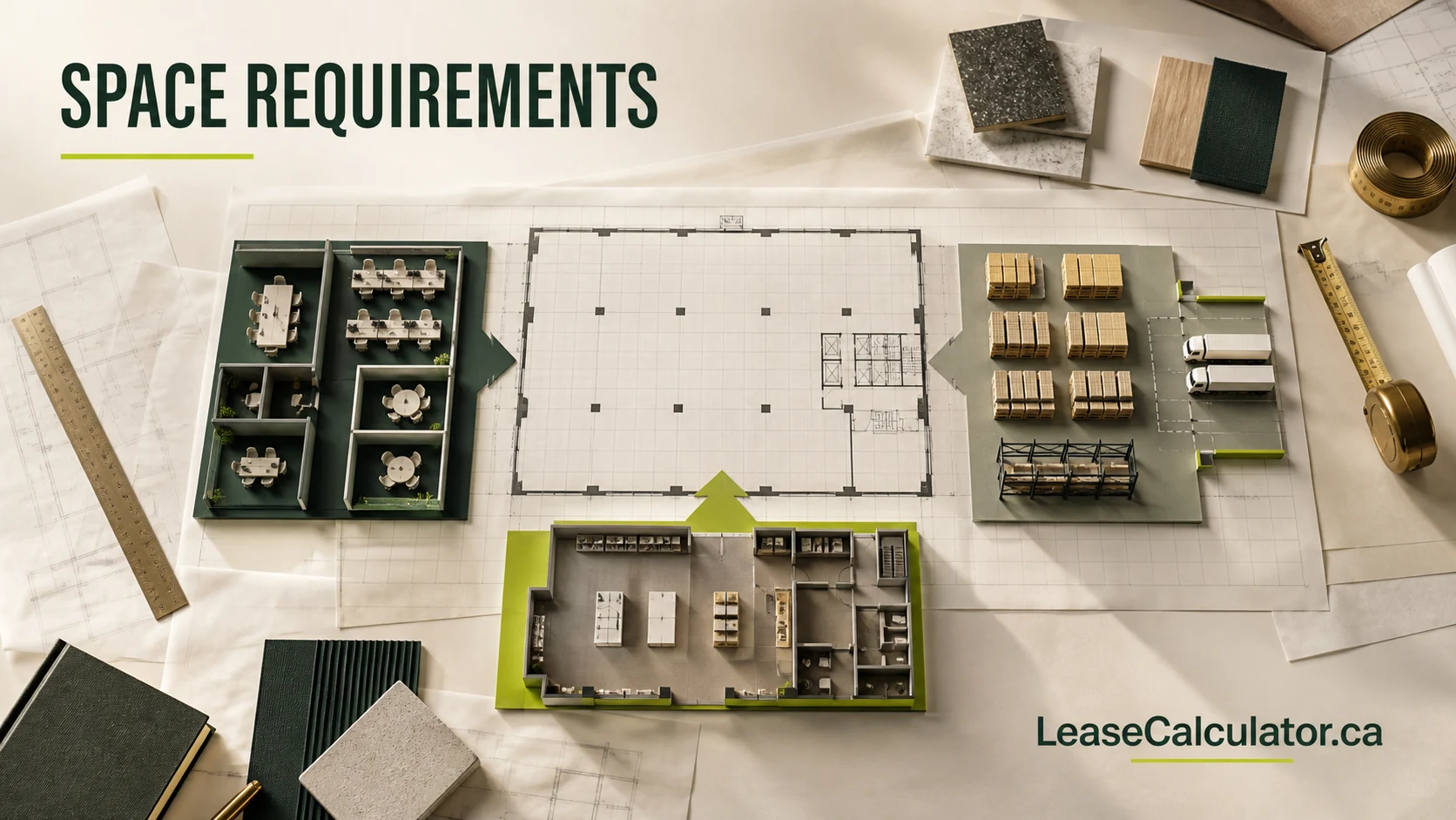 Commercial space programming desk connecting office, industrial and retail operating zones to one measured requirement