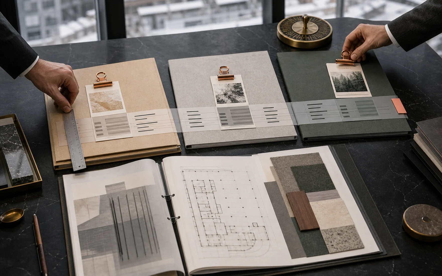 Commercial leasing response room with one tenant requirement dossier and three distinct landlord proposal portfolios aligned on a source-controlled comparison strip